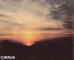 Wispy, white cirrus clouds form at the highest altitudes and are primarily composed of ice crystals.